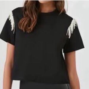Joie Women's Black Faux Pearl Fringe Accent T Shirt Top Size Small